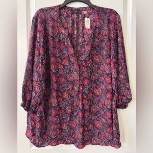 #1714q Tahari Woman Black & Multi-Color Floral Georgette Chiffon Popover Blouse